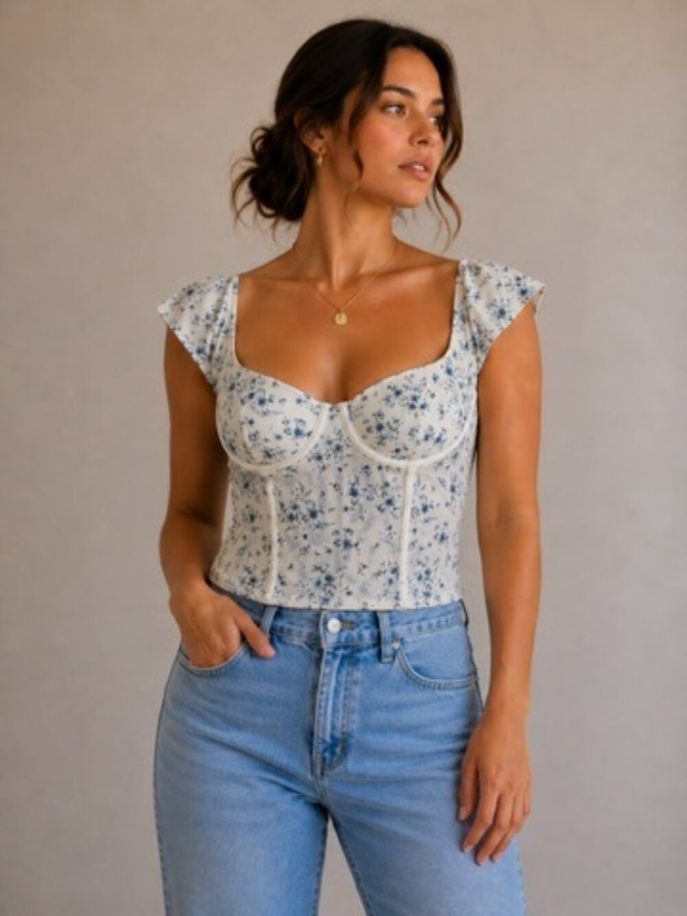 Floral Corset Crop Top - Cream with Blue Floral